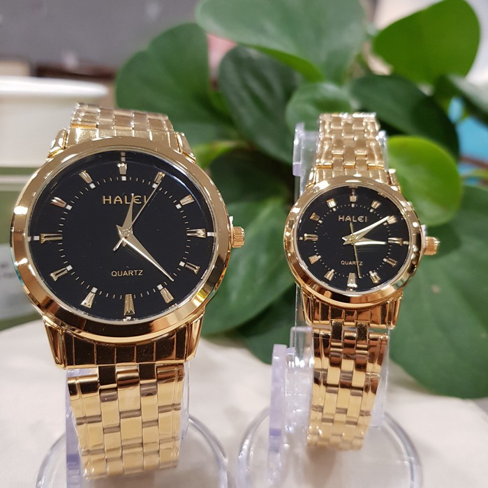 Đồng hồ đôi nam nữ Halei mặt trắng dây da kim loại chính hãng TonyWatch68