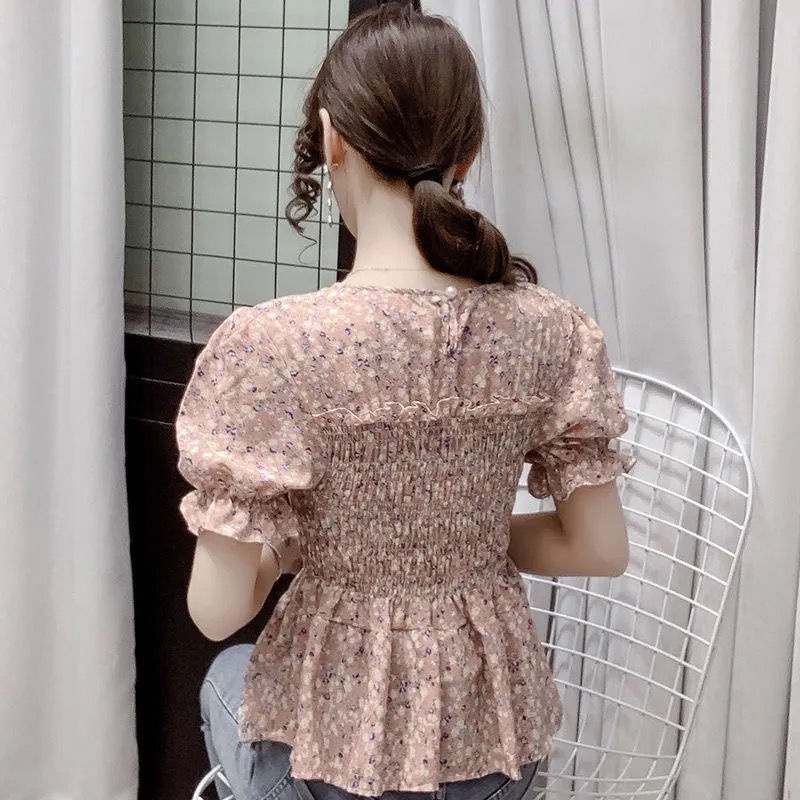 Áo Chiffon Hoa Ngắn Tay Xếp Ly Thời Trang Phương Tây