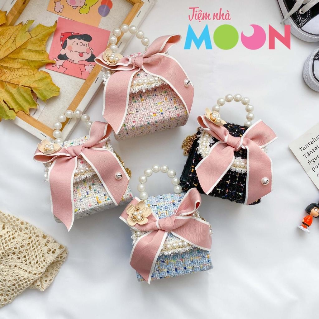 Túi xách mini quai ngọc phối dạ nơ xinh xắn cho bé