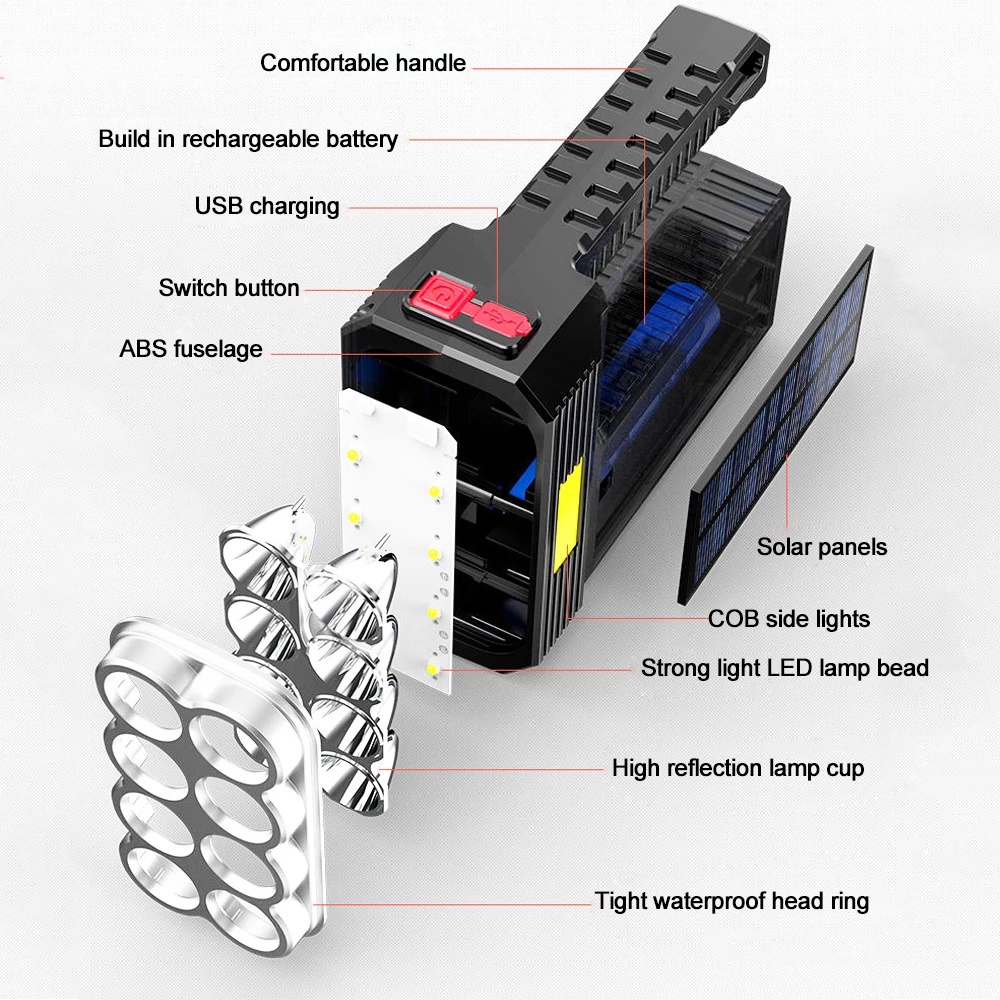 Đèn Pin Năng Lượng Mặt Trời 8LED COB / USB 4 Chế Độ Sáng Đa Năng Chống Thấm Nước Cho Hoạt Động Ngoài Trời