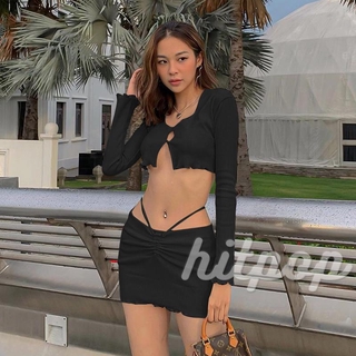 Set áo croptop tay dài + chân váy ngắn màu trơn quyến rũ cho nữ