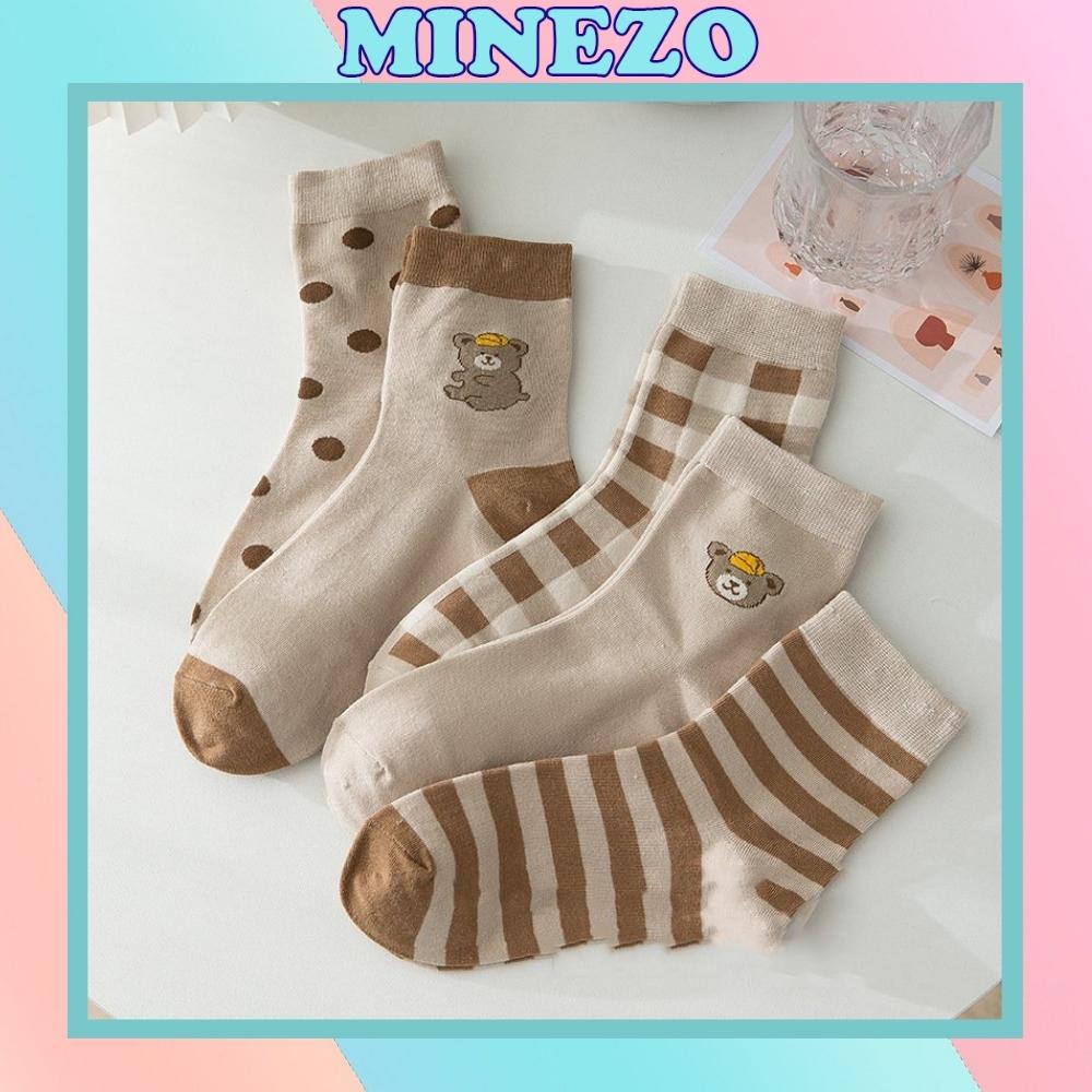 Tất nữ in hình gấu nâu cute Minezo vớ cao cổ cotton co dãn phong cách Hàn Quốc TN139