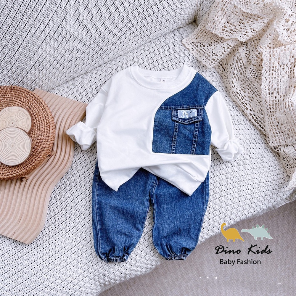Quần áo dài tay bé trai, set bộ quần áo thu đông dài tay chất da cá phối jeans 1 bên cho bé