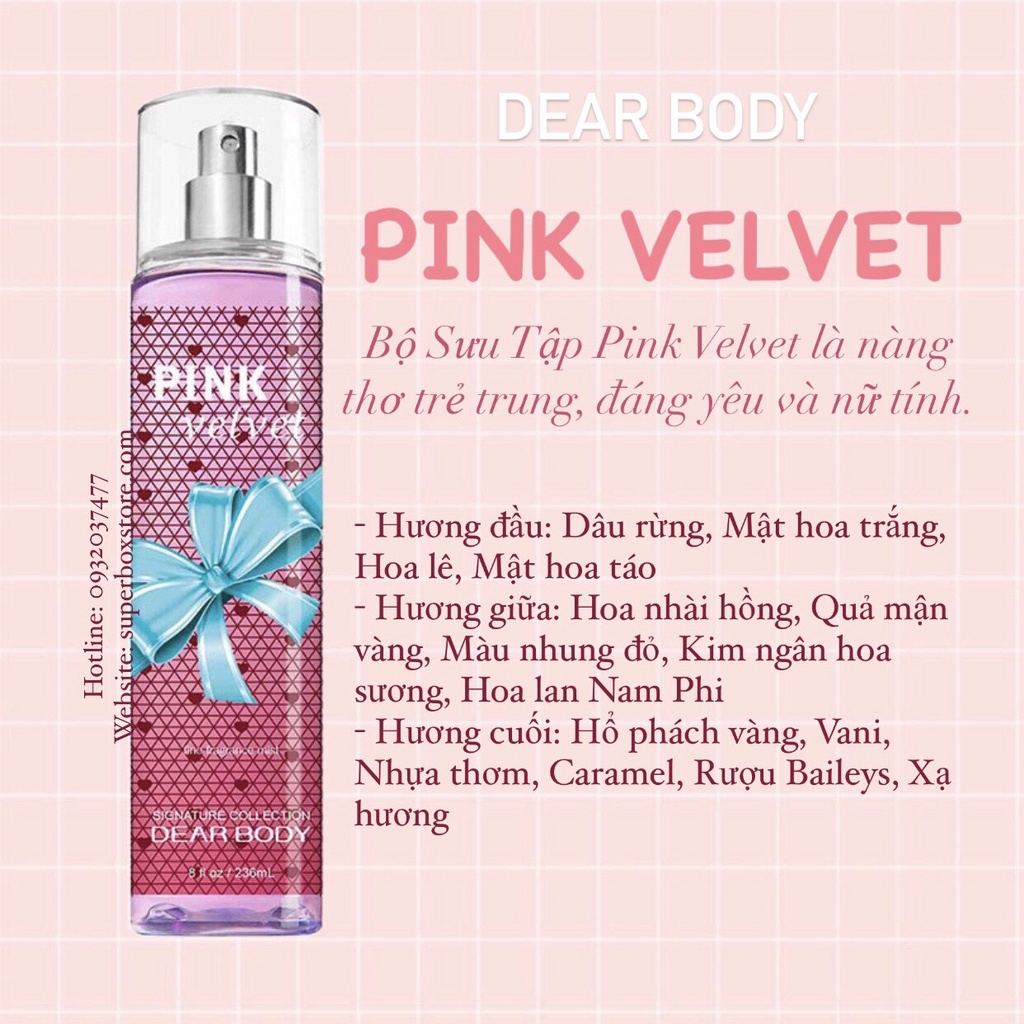 BODY MIST DEAR BODY 236ml - XỊT THƠM TOÀN THÂN -  PINK VELVET
