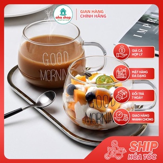 Ly thủy tinh dễ thương good morning 350ml, cốc thủy tinh chịu nhiệt có quai decor oudecor