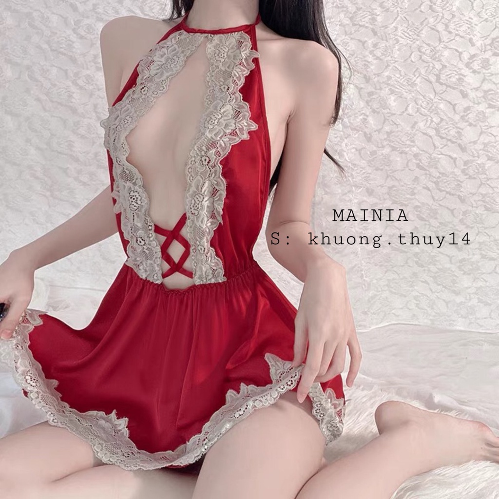 [Có Bigsize ] Đầm Ngủ Váy Ngủ Lụa Satin Phối Ren Hở Lưng Sexy Quyến Rũ Gợi Cảm Mainia Shop