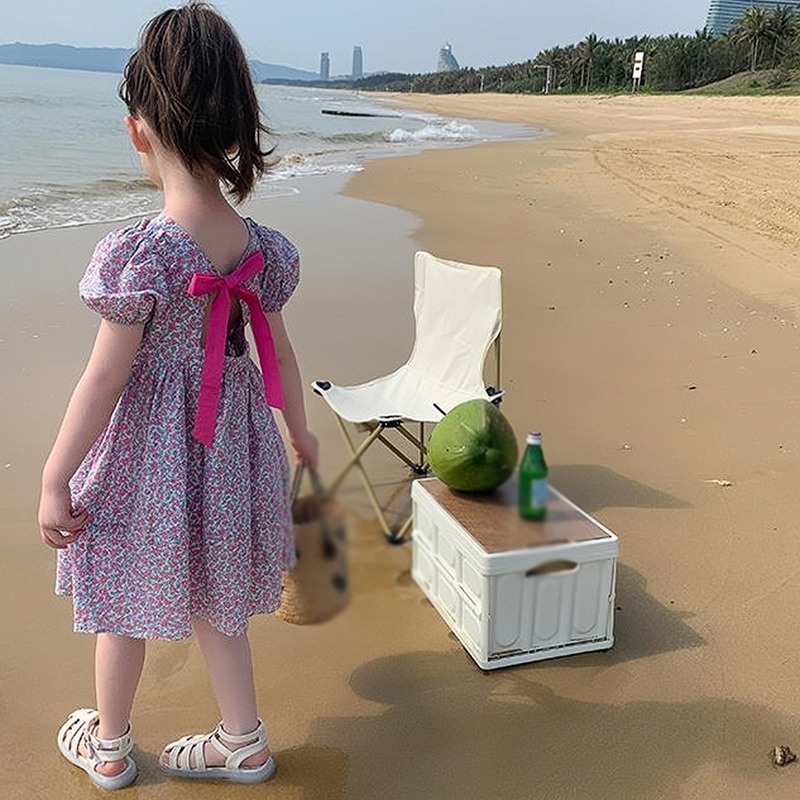 Đầm Công Chúa Cổ Tròn Tay Phồng Cột Dây Họa Tiết Hoa Kiểu Hàn Quốc Thời Trang Mùa Hè Cho Bé Gái
