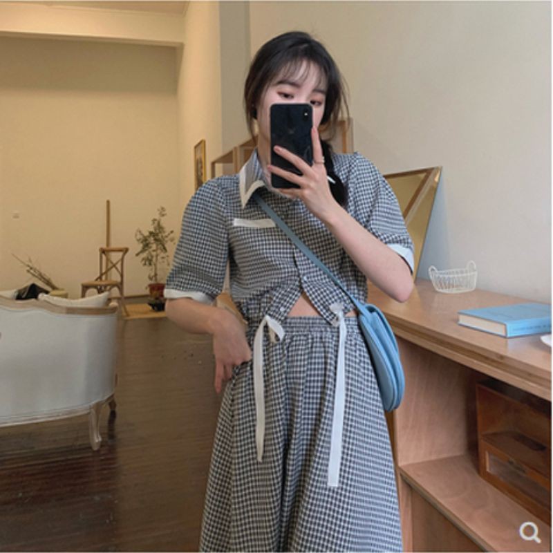 [HÀNG ORDER] Set áo sơ mi nữ kẻ viền trắng + chân váy dài chữ A vintage kiểu Hàn có size