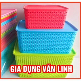 Rổ nhựa chữ nhật đựng đồ có nắp đậy sang đẹp phong cách hàn quốc 3 cỡ