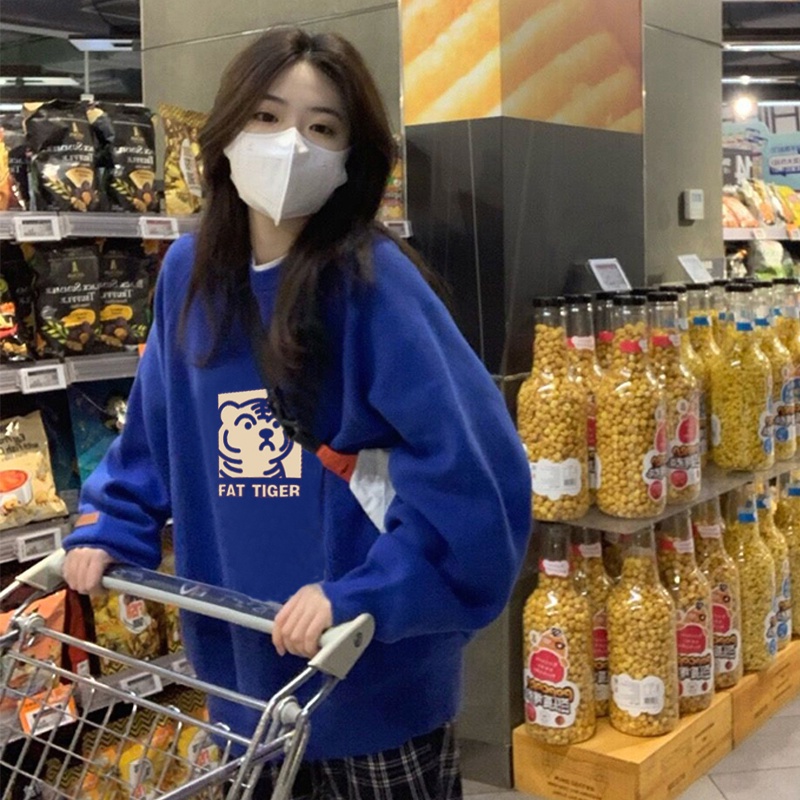 ZHELIHANGFEI Áo Thun Tay Dài Cổ Tròn Hoạ Tiết Hình Hổ Thiết Kế Dáng Rộng Thoải Mái