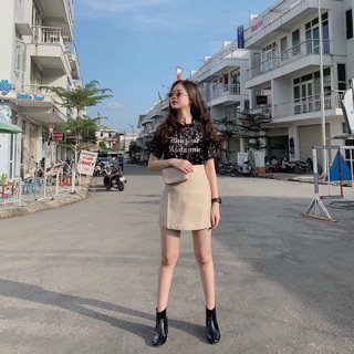 Set chân váy da áo nhung chấm bi