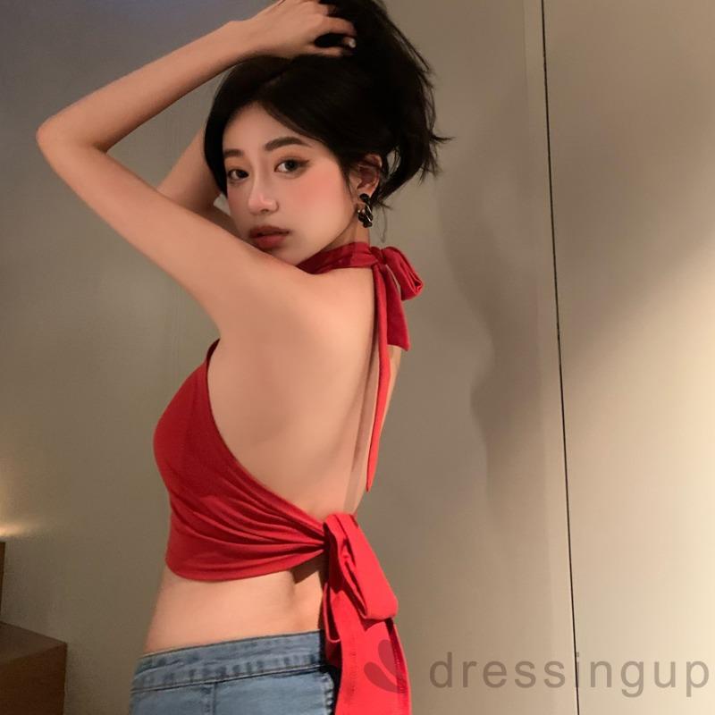Áo Croptop Không Tay Màu Trơn Dáng Ôm Cột Nơ Sau Lưng Cho Nữ