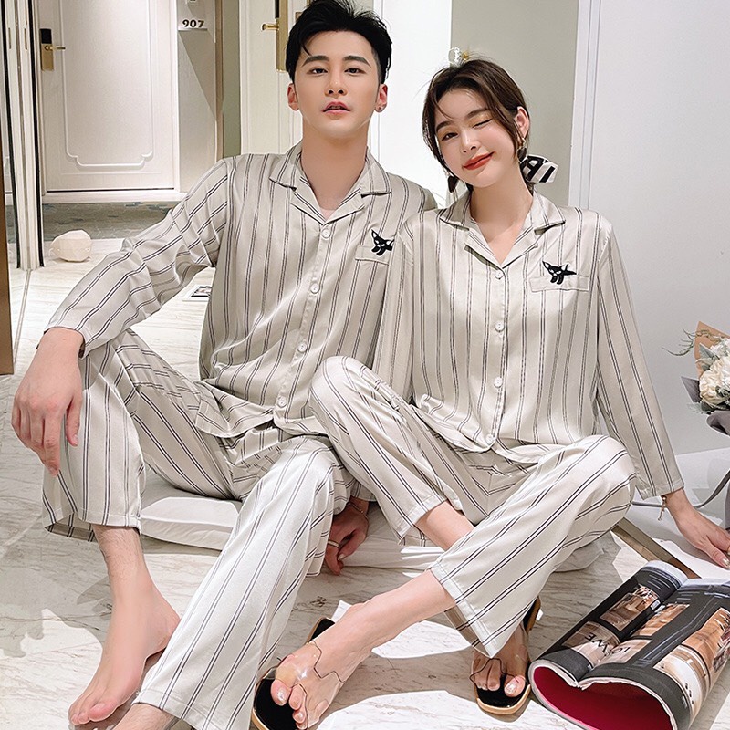 Đồ Ngủ Pijama Kẻ Sọc Lụa Mềm Bigbang Bộ Đồ Đôi Nam Nữ Mặc Thêu Hình Cún Mèo Chất Liệu Cao Cấp Phong Cách Đơn Giản