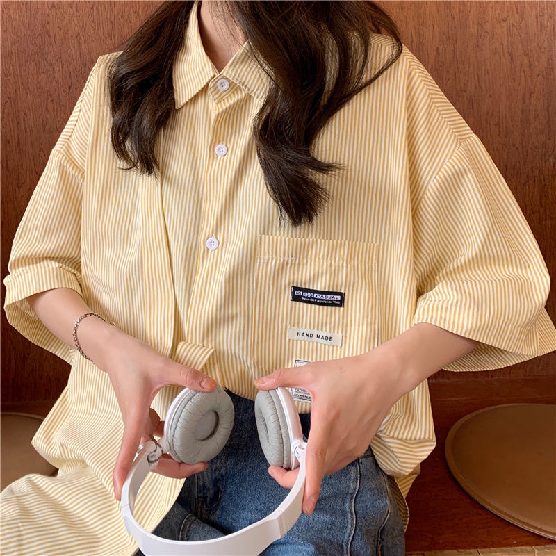 Áo Sơ Mi Tay Lỡ Dáng Rộng Họa Tiết Kẻ Sọc Thời Trang Hàn Quốc Cho Nữ