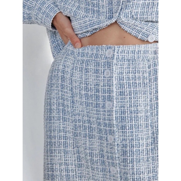 Reserved Đức - Chân váy chính hãng auth new tag cao cấp có sẵn sale 2537I-05X tweed dạ nỉ xanh trắng cài nút midi