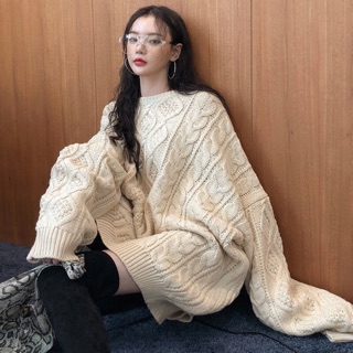 Áo len vặn thừng oversize form rộng dáng dài cổ tròn