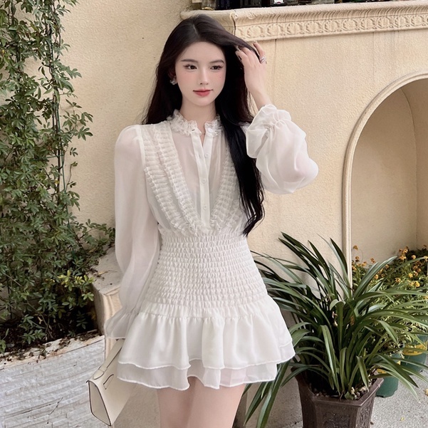 Đầm Chiffon Tay Dài Cổ Tròn Màu Trắng Thiết Kế Ôm Eo Thời Trang Hàn Quốc Cho Nữ