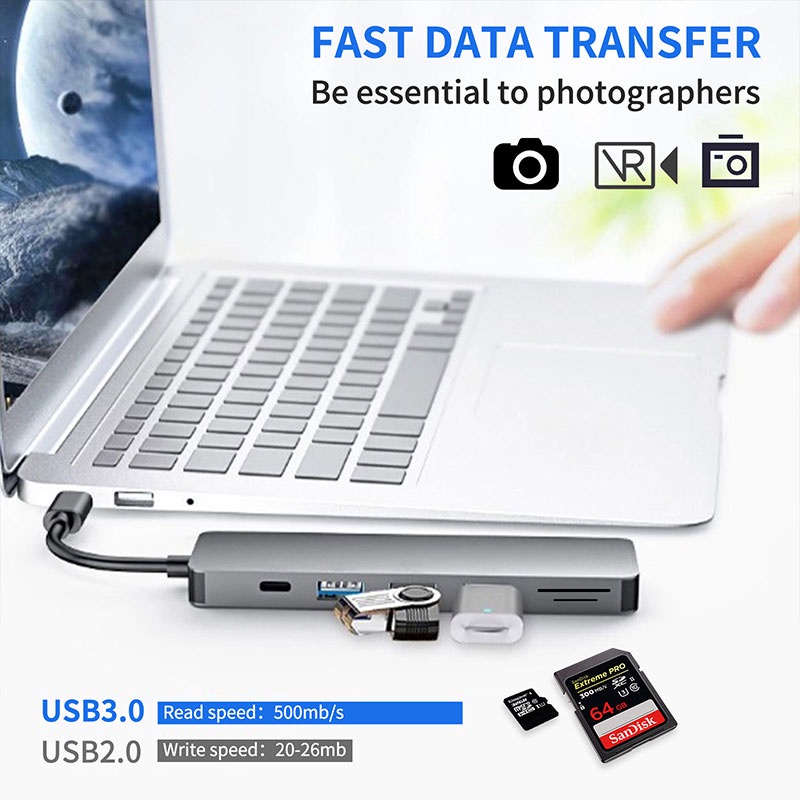Trạm Sạc Nhanh 7 Trong 1 USB C Hub Type-C Sang HDMI 4K USB3.0 5Gbps PD Đầu Đọc Thẻ SD / TF Cho Laptop / Máy Tính Bảng / Điện Thoại