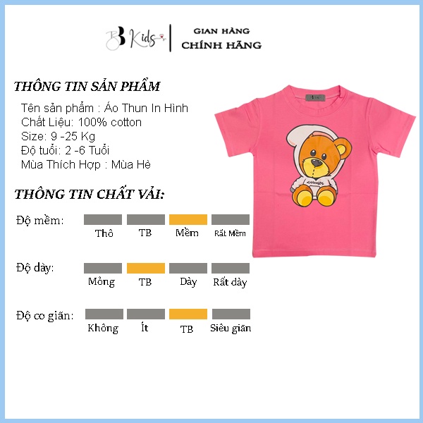 Áo Thun Ngắn Tay Cho Bé BB Kids In Hình Gấu áo Hồng Chất Liệu Cotton 100% Co Giãn 4 Chiều