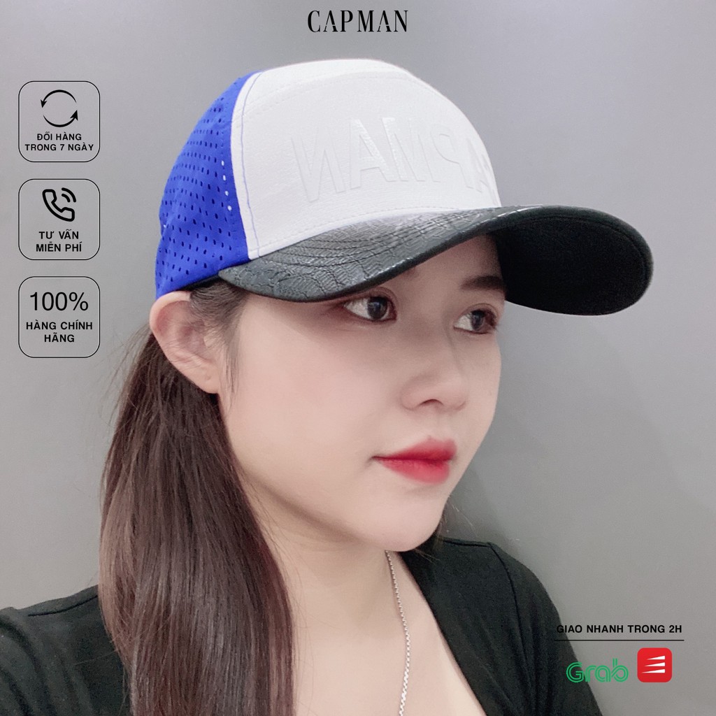 Mũ lưỡi trai chính hãng CAPMAN phom dáng thể thao vải da màu trắng xanh CM143