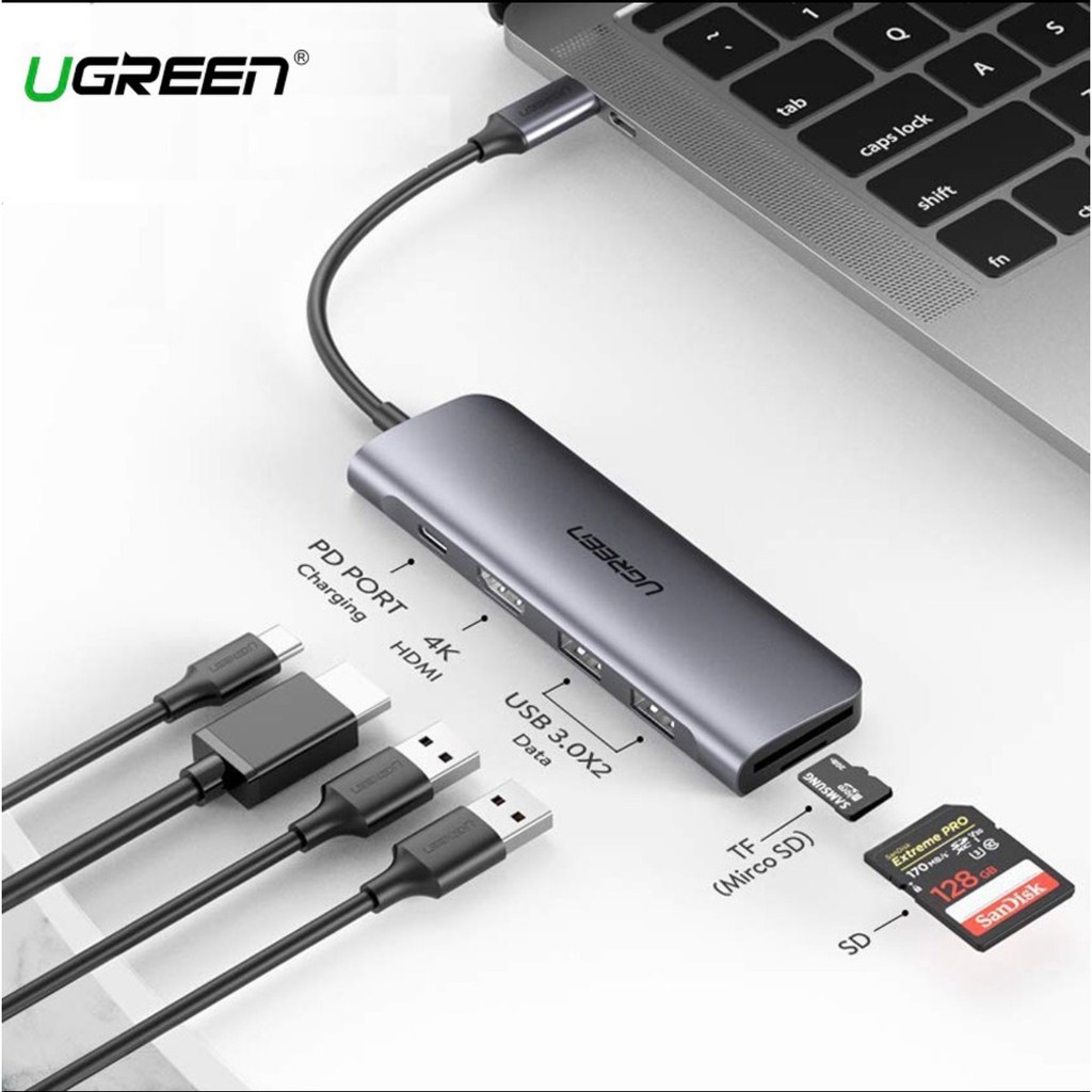 [Mã 155ELSALE giảm 7% đơn 300K] Cáp Ugreen Usb-C Sang HDMI 4K,2 USB 3.0 Ports,SD/TF Card Reader,100W PD [6 in 1] 70411