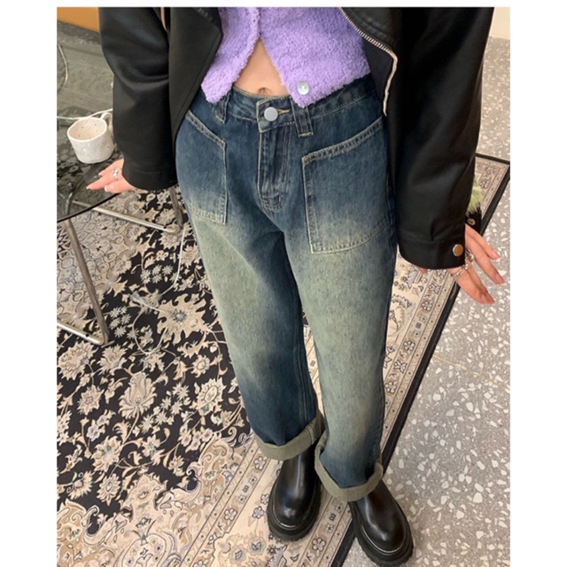 Quần Jeans Nữ Cạp Cao Màu Xanh Vintage Phong Cách Thời Trang Hàn Quốc 2022 Siêu Thời Thượng