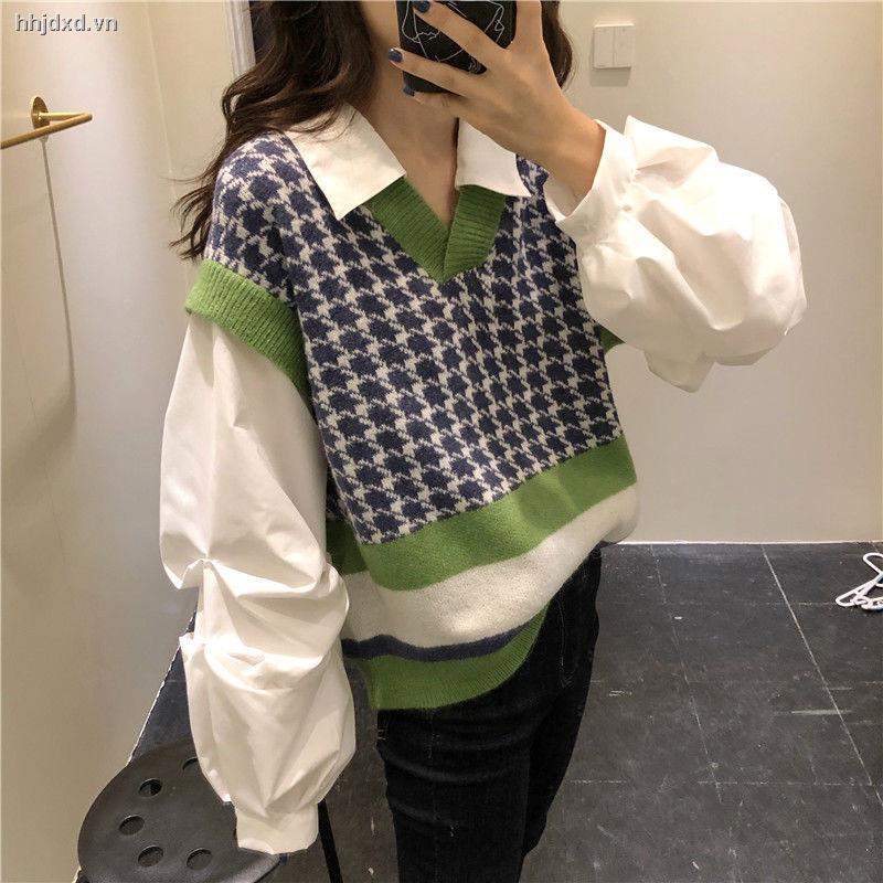 Áo sweater dệt kim tay phồng giả hai lớp họa tiết kẻ sọc dành cho nữ 2021 | BigBuy360 - bigbuy360.vn