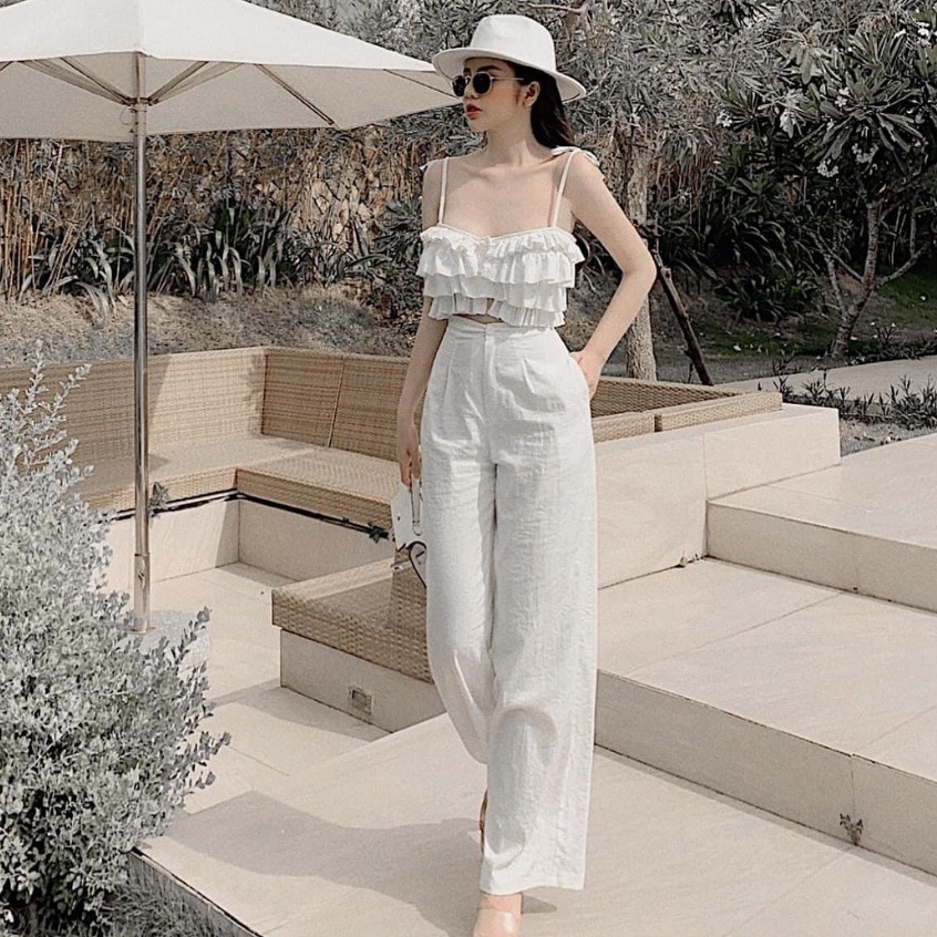 Quần culottes ống rộng chất vải đũi dáng dài lưng cao khóa thật cạp chun sau - Quần Đũi Ống Suông Rộng Lưng Thun Mặc Nhà