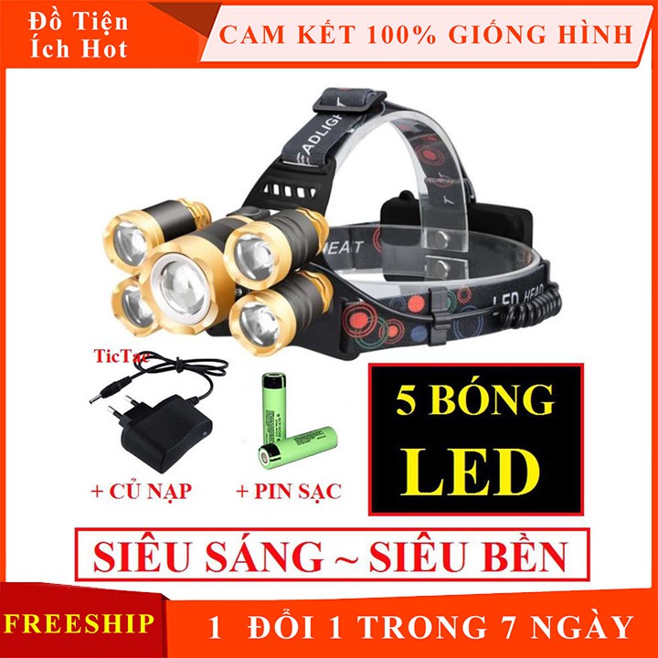 ĐÈN PIN ĐỘI ĐẦU 5 BÓNG SIÊU SÁNG KÈM 2 PIN SẠC 18650 CHIẾU XA 300M