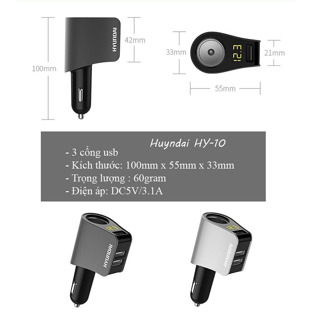 Tẩu sạc oto, tẩu sạc xe hơi hyundai 3 cổng USB có màn hình hiển thị điện áp và một lỗ tẩu - SEVEM.CAR
