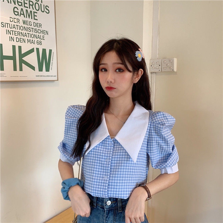 Áo croptop IELGY tay phồng kẻ sọc kiểu retro thời trang cho nữ