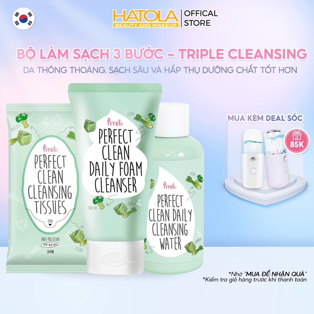 Bộ sản phẩm làm sạch 3 bước - Prreti Triple Cleansing khăn tẩy trang nước tẩy trang sữa rửa mặt làm sạch da tự nhiên