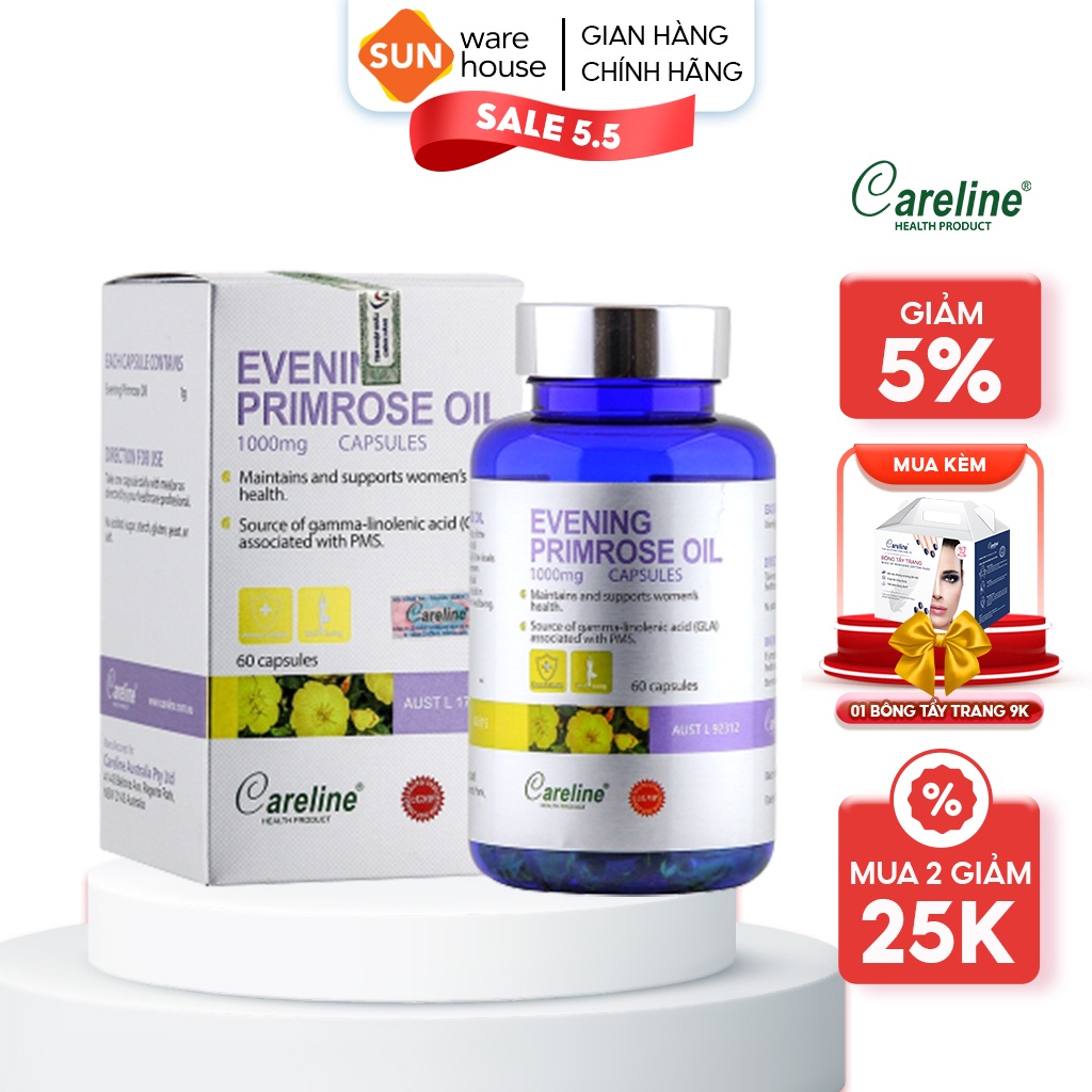 Viên Uống Tinh Dầu Hoa Anh Thảo CARELINE Điều Hoà Nội Tiết Tố Và Làm Đẹp Da Cho Phụ Nữ Evening Primrose Oil 60 Viên