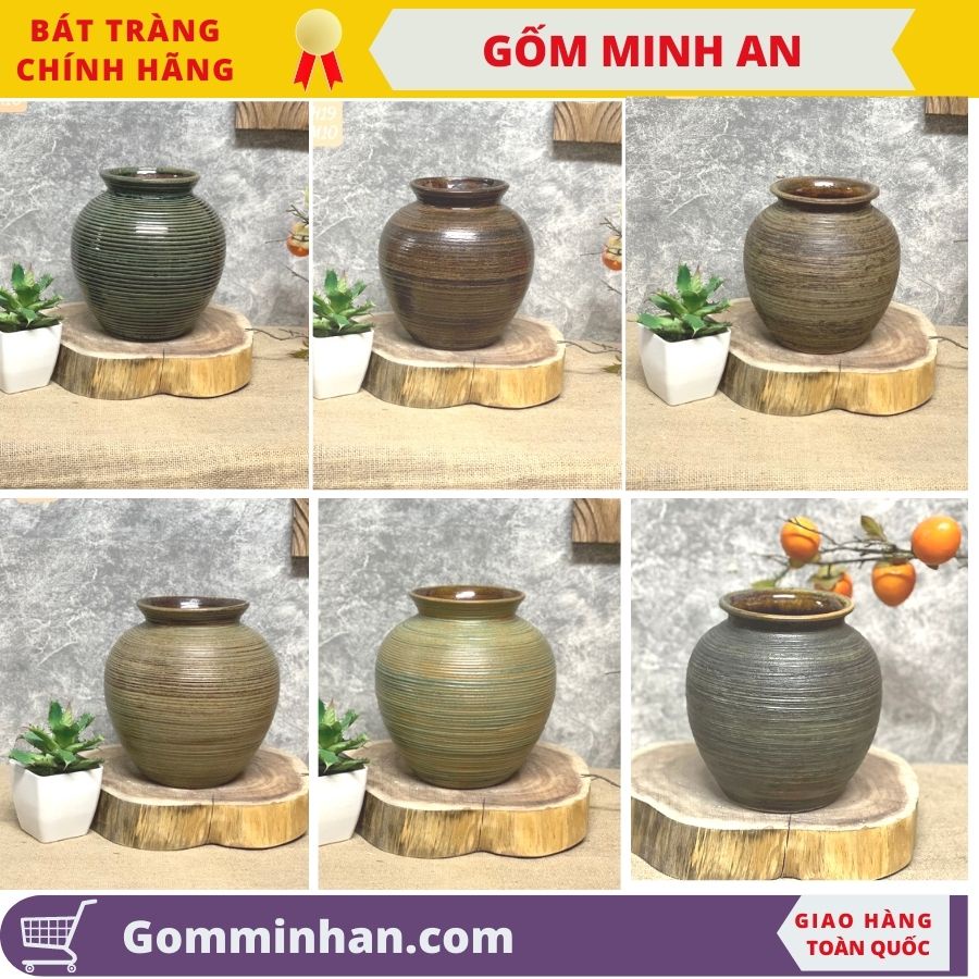 Bình Hoa Lọ Hoa Vò Tròn Dáng Thấp Men Mộc-Gốm Bát Tràng- Gốm Minh An