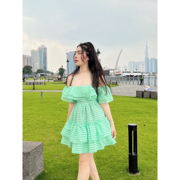 (Ảnh Thật) Đầm BabyDoll Bèo 2 Tầng , Đầm Nữ Trễ Vai Sang Chảnh Tiểu Thư , Freeszie