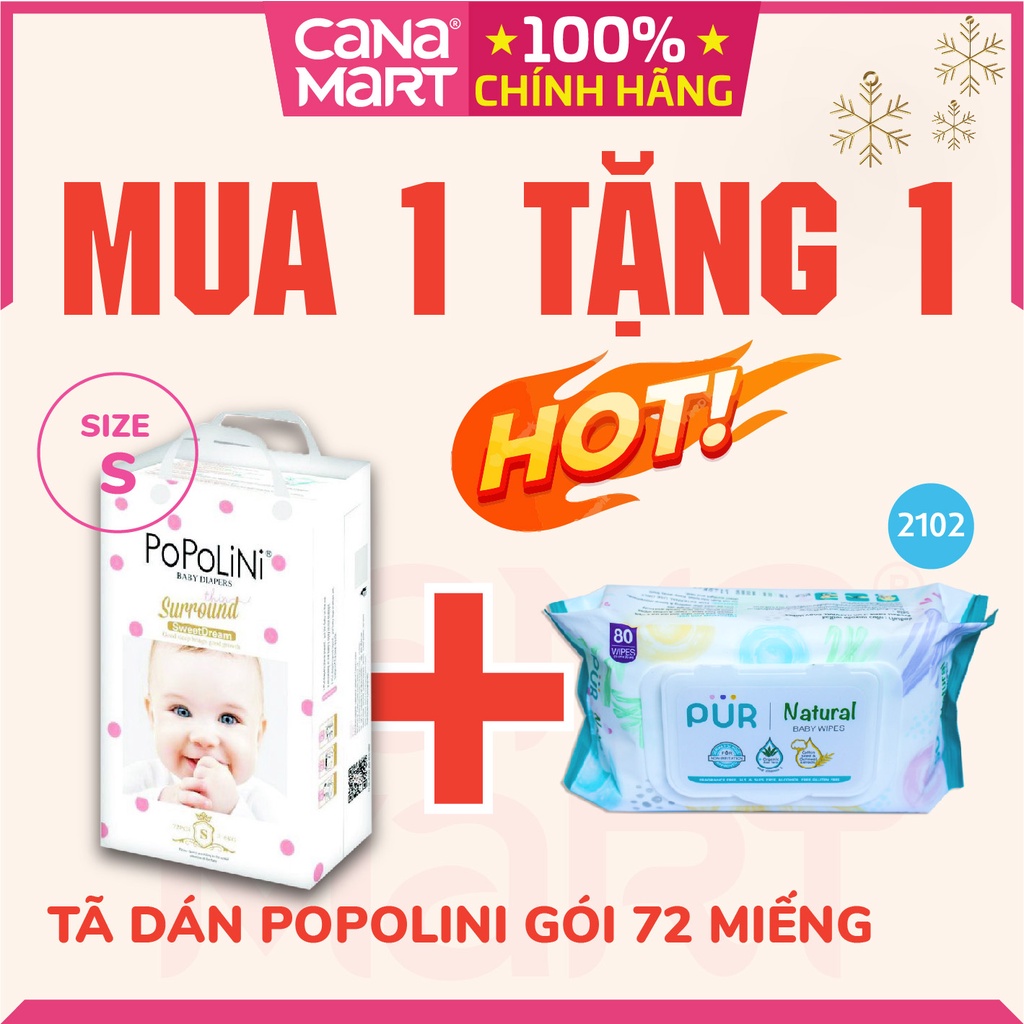 [MUA 1 TẶNG 1] Tã dán cho bé POPOLINI, size S, 72 miếng, giúp thấm hút nhanh hơn so với mặt phẳng để bé luôn khô ráo