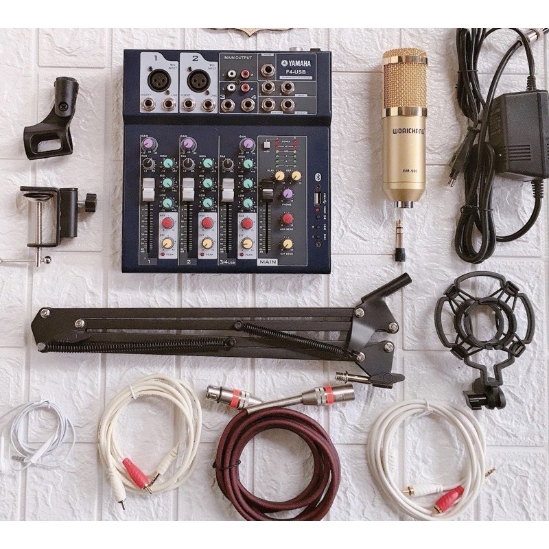 Combo Thu Âm Livestream Mixer F4 Yamaha-Mic WOAICHANG Bm900 tặng kèm tai nghe bảo hành 12 tháng