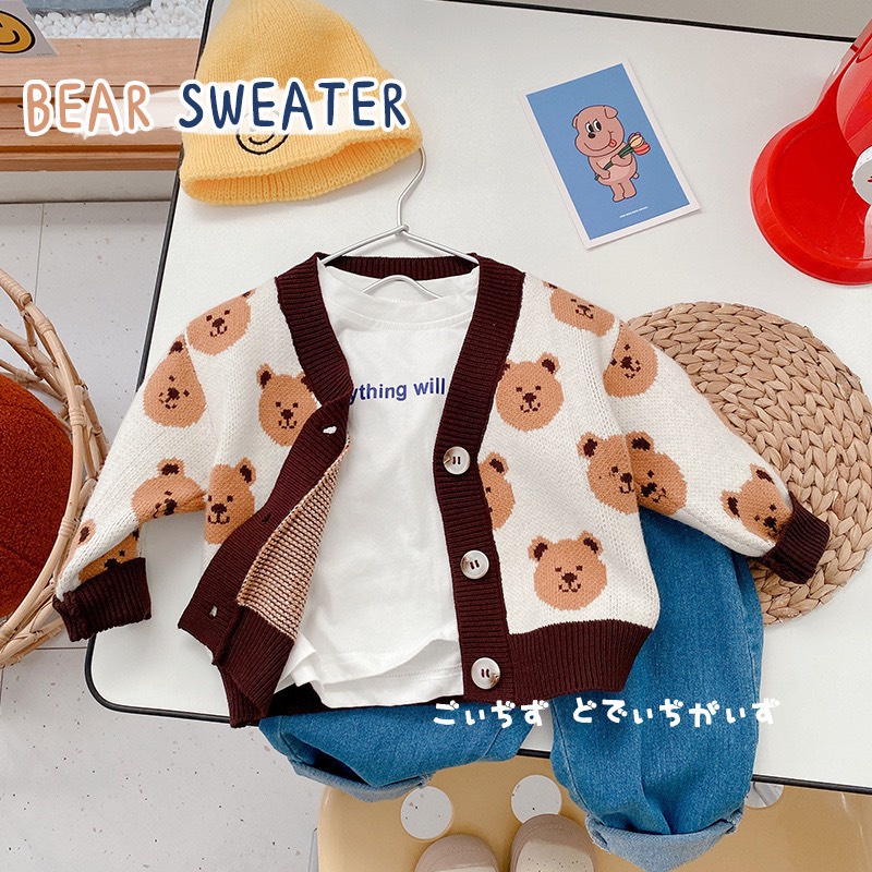 Áo len cardigan trẻ em họa tiết gấu cute mềm mịn dễ thương