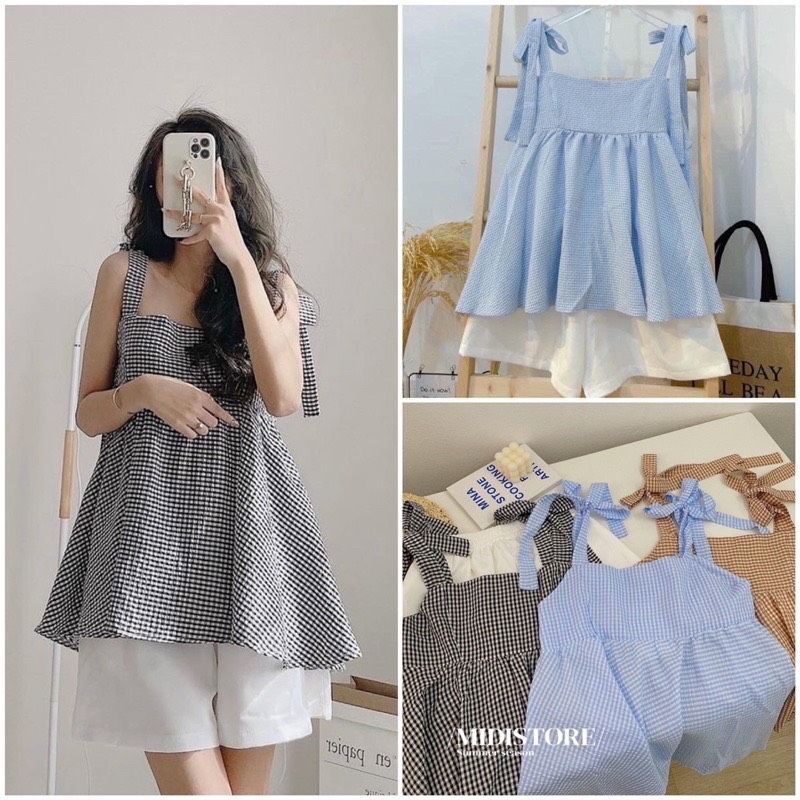 [SIÊU PHẨM] Set style Hàn Quốc S.047, Set Áo Babydoll Hai Dây Thắt Nơ Kẻ Và Quần Short