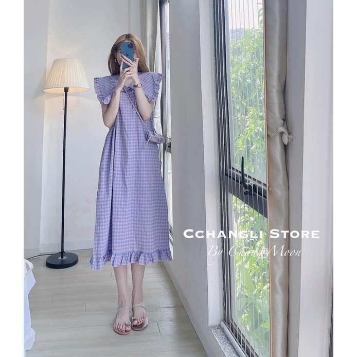 Váy Kẻ Suông Sát Nách Cổ Bèo V 6 Màu Siêu Xinh