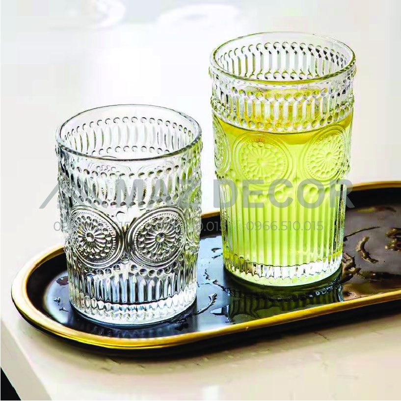 Đồ decor ĐẸP Bộ 6 cốc ly thủy tinh pha lê mạ vàng họa tiết trống đồng chịu nhiệt sang trọng tinh tế - Phong cách Bắc Âu