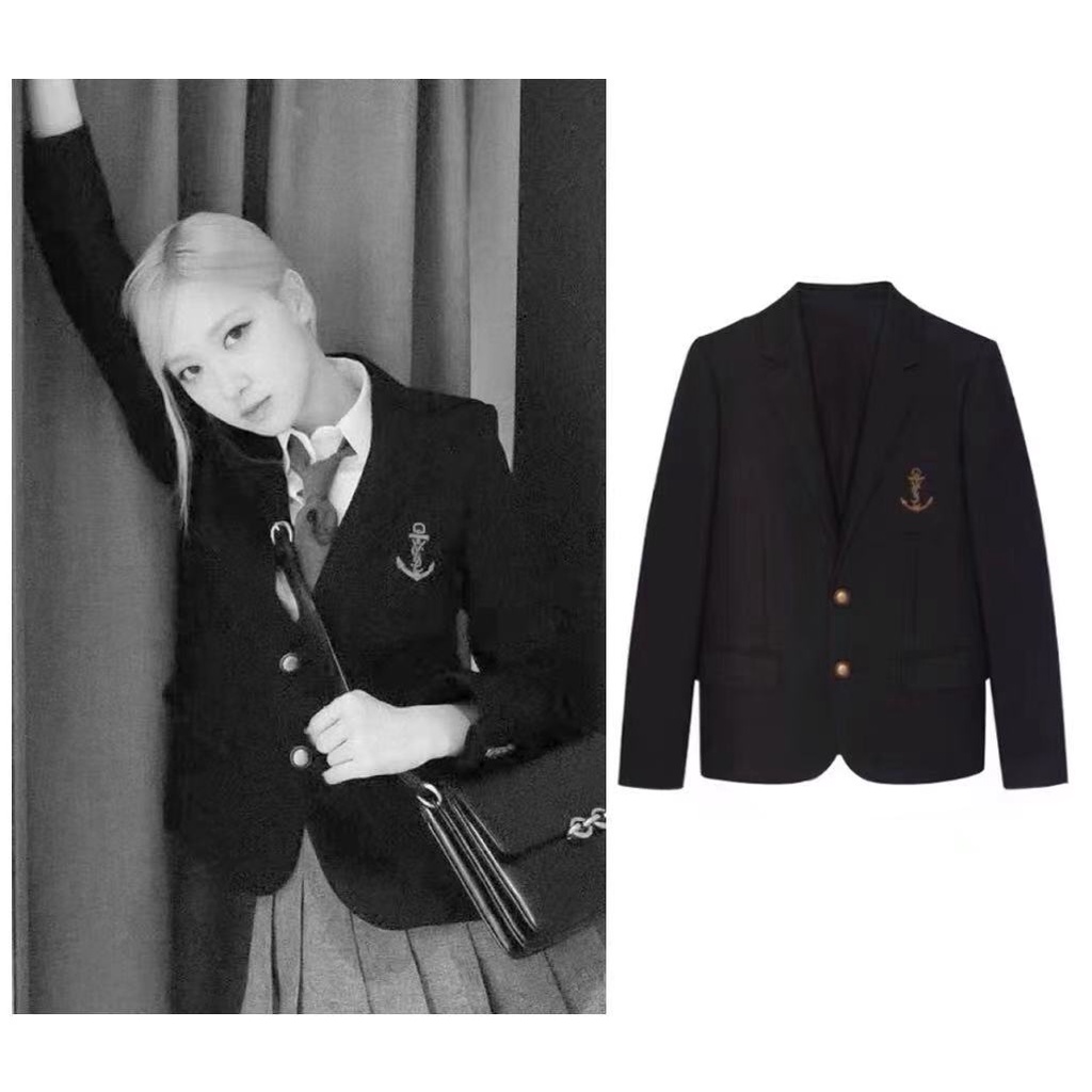 rose blackpink Áo Khoác Blazer Màu Đen Thêu Hình Mỏ Neo Phong Cách Anh Quốc Cho Nữ
