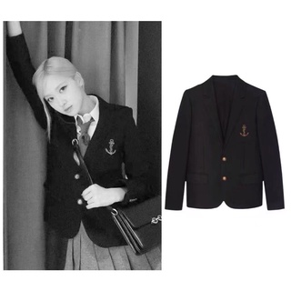rose blackpink Áo Khoác Blazer Màu Đen Thêu Hình Mỏ Neo Phong Cách Anh Quốc Cho Nữ