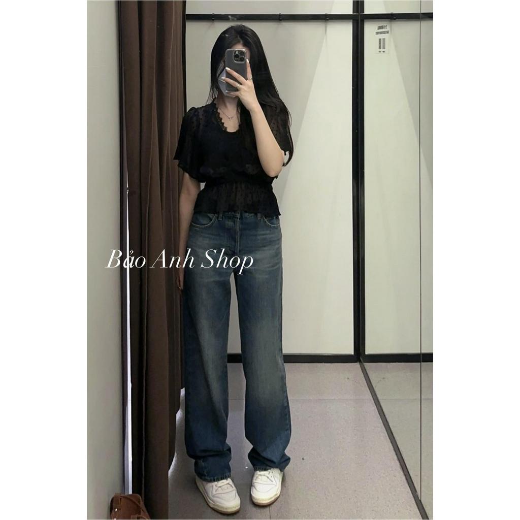 Áo voan bi nổi cổ V, eo chun co giãn, Zara xuất