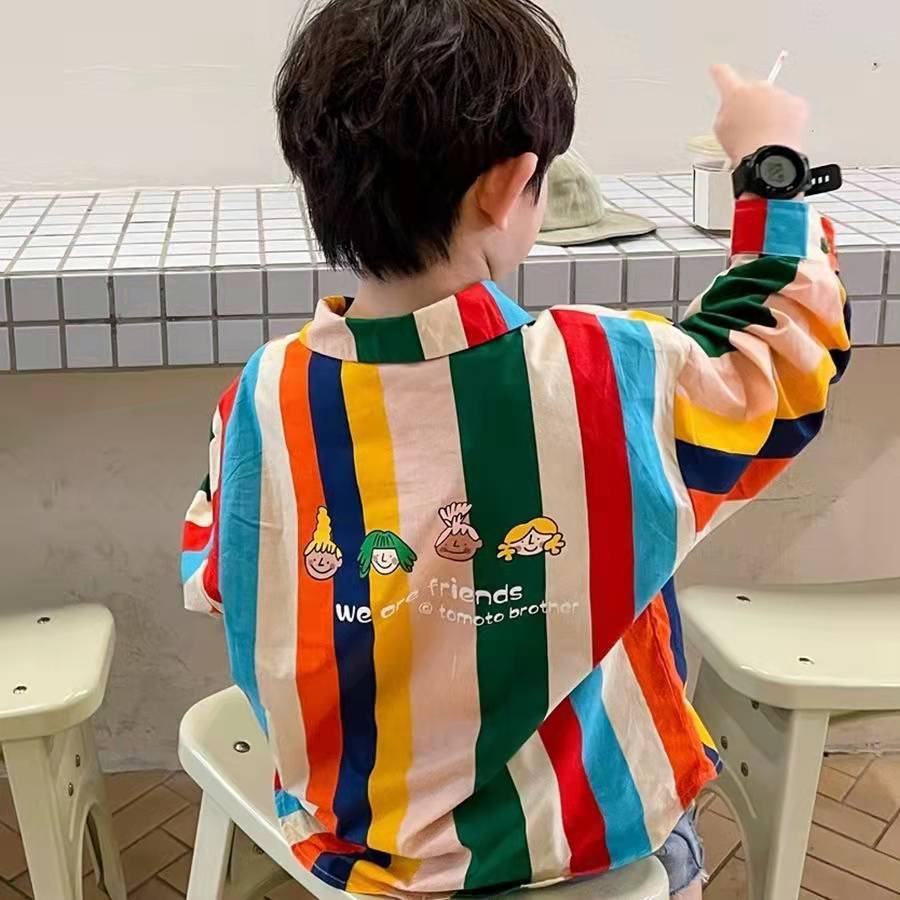 Áo Sơ Mi Cotton Tay Dài Họa Tiết Sọc Cầu Vồng Phong Cách Hàn Quốc Mới Cho Bé Trai