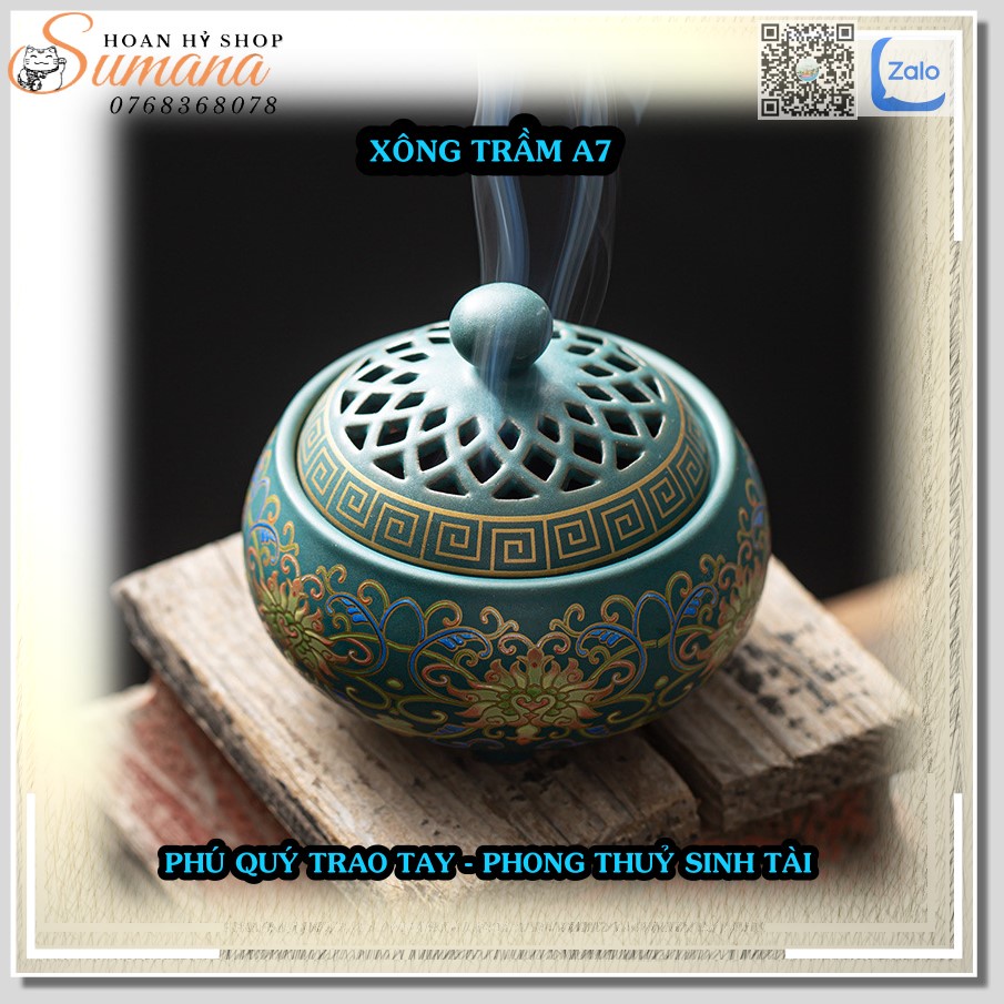 Lư Gốm Xông Trầm - Lư Hương Gốm Thủ Công Cao Cấp A4, A7- tặng kèm 3 nụ trầm Đài Loan cao cấp + tấm lót chống cháy - Hoan