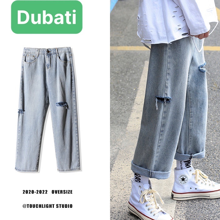 QUẦN BAGGY JEAN NAM WASH RÁCH GỐI LẠ CHẤT BO XANH ỐNG RỘNG- DB 1013- DUBATI FASHION