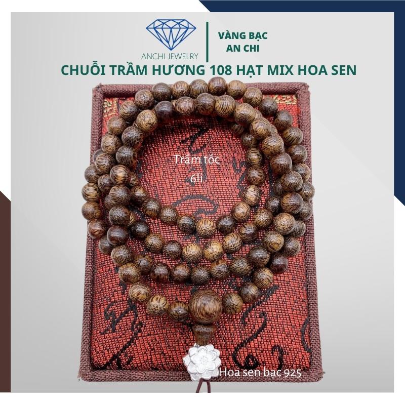 Vòng tay trầm hương 108 hạt mix charm hoa sen bạc cho nữ - size 6 8mm, Anchi jewelry