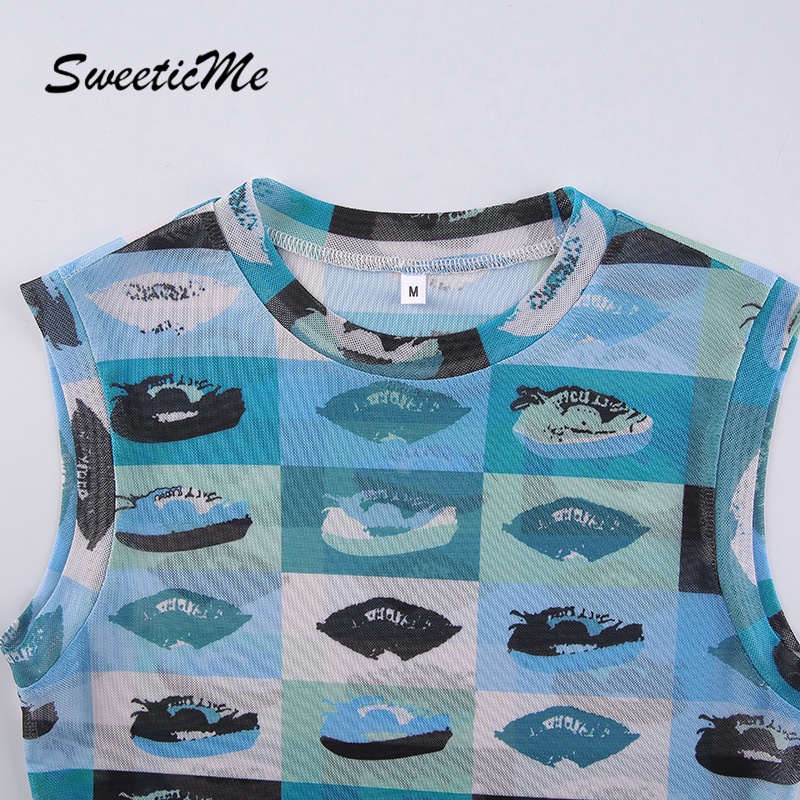 Sweeticme Áo Hai Dây Phối Lưới In Hình Đôi Môi Quyến Rũ Cho Nữ 2021 | BigBuy360 - bigbuy360.vn