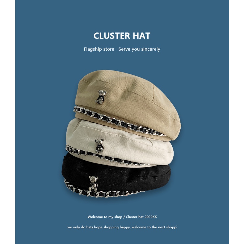 Mũ Beret Phối Dây Xích Họa Tiết Gấu Hoạt Hình Thời Trang Xuân Thu Dành Cho Nữ